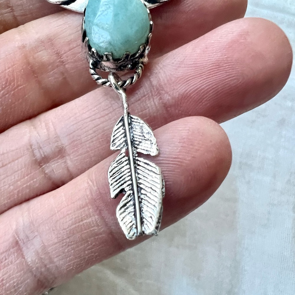 925 Flawed Boho Caribbean Larimar Feather Pendant Necklace - Picture 8 of 10